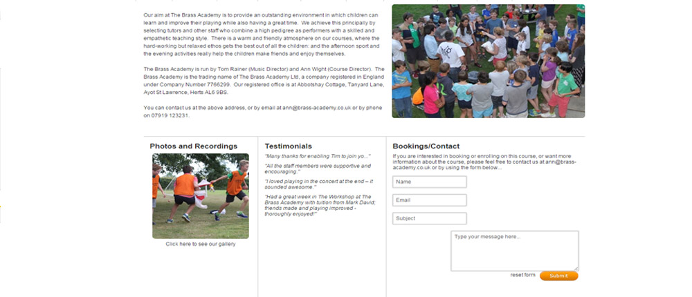 brass academy about us bookings contact form  screenshot brass academy about us bookings contact form  screenshot